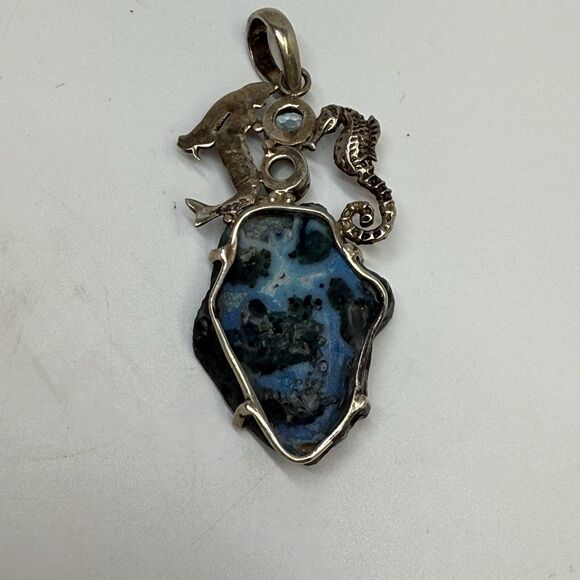 Sterling Silver Blue Agate Druzy Topaz Mermaid Seahorse Pendant Rare 20.63g - Picture 7 of 10